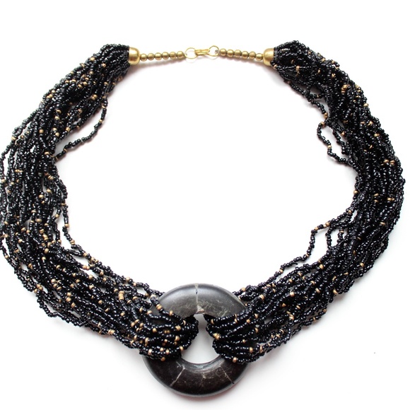 1980s boho tribal multistrand necklace beads horn black gold glass collier - Picture 1 of 11